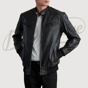 Veste bomber en cuir noir pour homme, coupe ajustée, avec détails matelassés aux épaules, en cuir d'agneau de qualité supérieure - Product Image 3