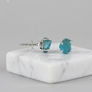 Tranquil Ocean Blue Apatite 925 Sterling Silver Raw Stone Ear Studs Handmade Jewelry Claw Setting Minimalist Everyday Wear - Product Image 5