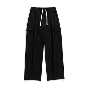 Men's Brown Corduroy Cargo Pants <b>Elastic</b> Waist Wide Leg Multiple Pockets Casual Autumn Style - Product Image 2