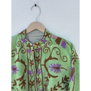 Green Velvet Quilted Jacket with Uzbek Floral Embroidery Cotton Lining Boho Chic Women's Casual Quick Dry Spring/Autumn/Winter - Product Image 4