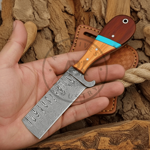 Couteau de chasse artisanal en acier Damas |   Couteau utilitaire Bull Cutter pour l'extérieur |   Couteau à lame pleine en bois de Pakka avec fourreau en cuir OEM - Product Image 2