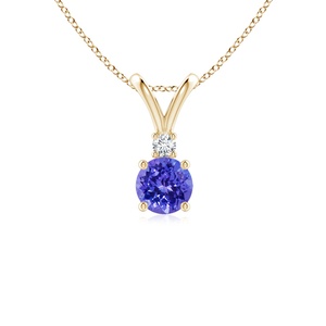 Pendentif certifié IGI 2026, best-seller, en or pur 14 carats, avec pierre précieuse tanzanite taille ronde, solitaire V-Bale et diamant - Product Image 1