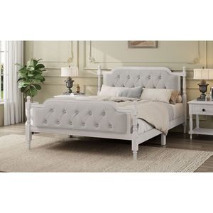 Cadre de lit en bois massif de style traditionnel blanc antique avec tête de lit rembourrée tuftée sans sommier - Product Image 5
