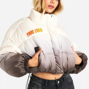 Latest Design Supremely Warm Down Jackets for Women Gradient Color Front Logo Print Cotton Padded Stand Collar Crop Puffer Coat - Product Image 3