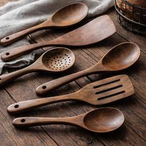 Ensemble d'ustensiles de cuisine en bois de teck, 9 pièces, avec support, outils de cuisine - Product Image 2