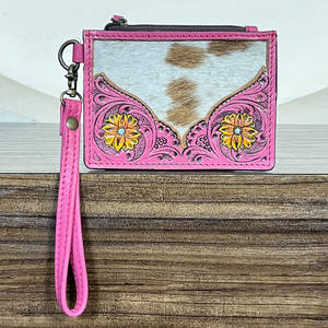 Handmade Tooled Genuine Cowhide Leather Zipper Mini <b>Wallet</b> Floral Carving Coin & ATM <b>Card</b> Holder Wristlet Clutches For <b>Women</b> - Product Image 4