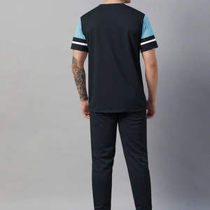 Ensemble de survêtement sportif respirant et écologique pour homme, noir et bleu ciel, idéal pour l'entraînement estival, le jogging, la gym et le fitness - Product Image 2