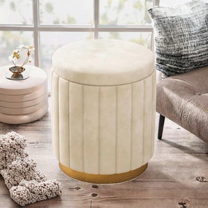 Pouf rond moderne en velours rose tressé à la main avec rangement intégré pour salon et chambre - Product Image 1