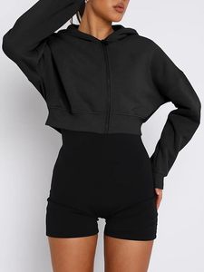 Sweat-shirt court à capuche zippé, couleur unie, manches longues, en mélange de coton tricoté, coupe oversize, décontracté, pour femme, haut d'automne - Product Image 4