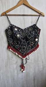 <b>Women's</b> Bohemian Sequined Beaded Cami <b>Top</b> Floral Print Fringe Hem COTTON COUTURE 100% Polyester Short - Product Image 3