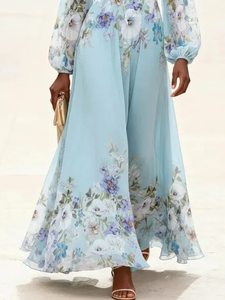 Vestido Maxi de Gasa Azul Cielo Etéreo con Estampado Floral, Mangas Abullonadas y Escote en V Profundo, Elegante Vestido de Noche Estilo Boho-Chic con Corte en A - Product Image 2