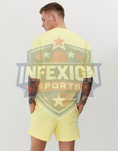 Ensemble t-shirt et short décontracté jaune pour homme, col rond, couleur unie, léger, respirant, coupe ample, tenue d'été - Product Image 3