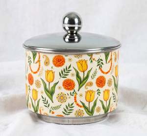Caja de acero inoxidable esmaltada color crema con diseño de tulipán, tarro decorativo para servir aperitivos, recipiente para dulces con tapa, para regalos y decoración de Ramadán - Product Image 2