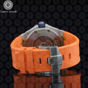 Montre de luxe Charm Jewells en acier inoxydable, boîtier carré de 40 mm, bracelet en cuir orange, accents de diamants, cadran en verre, mouvement mécanique - Product Image 2