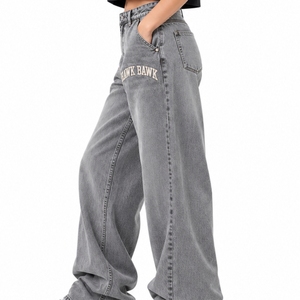 <b>Women</b> Oversized Fit Denim <b>Baggy</b> Pants Loose Fit Full Length Casual Style Embroidered Letter Logo Custom Design <b>Baggy</b> Pant - Product Image 3