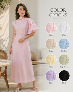 Robe élégante mi-mollet rose pour femme - Décontractée, col rond, coupe trapèze, aspect lin, taille à cordon, pour les vacances et le quotidien - Product Image 3