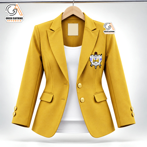 Nouvelle Collection de Vêtements Grecs Personnalisés pour Anniversaire et Fêtes – Blazer Jaune avec Symbole Grec Sigma Gamma Rho pour Femme – Coupe Classique - Product Image 4