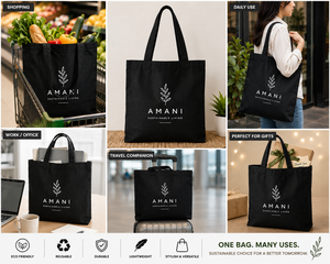 Bolsa de Tela Amani, 16x14 Pulgadas, Negra, Reutilizable, Ecológica, con Asas de Algodón, Fuelle de 11 Pulgadas, Diseño Sólido de 4 Pulgadas, para Compras - Product Image 6