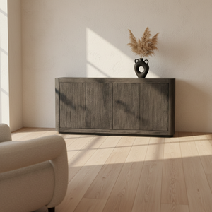 Aparador Moderno de 4 Puertas con Bordes Suaves, Fabricado en MDF con Acabado en Roble Macizo, Diseño Ecológico - Product Image 3