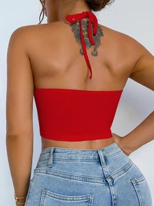 Ribbed Knit Halter Neck Cutout Activewear <b>Crop</b> <b>Top</b> Keyhole Front Tie Back Workout Sports Bra Elastic Athletic Tank - Product Image 6