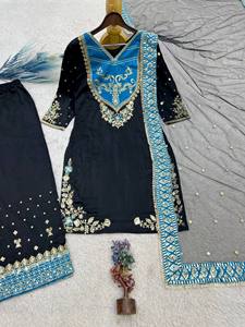 ชุดสัลวาร์ผ้าฝ้ายสีดำสุดหรู แต่งขอบเสื้อปักลายสีฟ้าเทอร์ควอยซ์ กางเกงทรงตรงขาบาน ระบายอากาศได้ดี เหมาะสำหรับงานปาร์ตี้ฤดูร้อน - Product Image 3