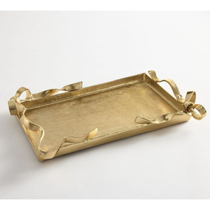 Bandeja de servir decorativa hecha a mano de aluminio dorado con asas ornamentadas de hoja de aloe, plato de metal lujoso para decoración navideña. - Product Image 2