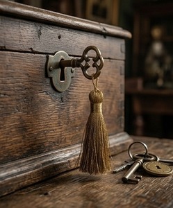 Rustic Wooden Chest With <b>Tassel</b> <b>Key</b> And Vintage <b>Keys</b> Home Decor Tabletop Accent Piece - Product Image 1