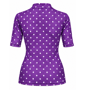 Camiseta de manga corta con cuello simulado para mujer, color violeta, con lunares, ajustada, elástica, informal, estampada, ropa de verano a la moda - Product Image 2