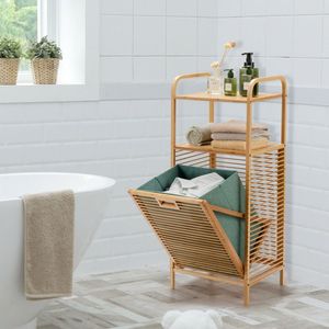 Moderno Cesto Portabiancheria Grande in Bambù con Ripiano a 2 Livelli, Fodera Rimovibile e Coperchio - Product Image 3