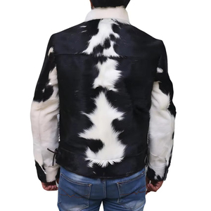 Men Western Style Cow Print Faux <b>Fur</b> Jacket Black White Button Front Winter Outerwear Winter <b>Coat</b> Regular Fit Thick Material - Product Image 3