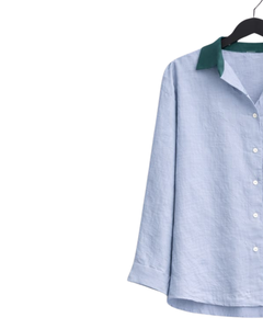 Conjunto de dos piezas para mujer, camisa azul claro y pantalones anchos verdes, conjunto informal de algodón y lino, ropa de verano con bolsillos estampados - Product Image 3