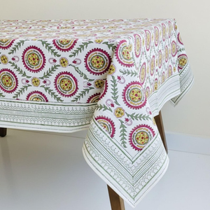 Hand Block Printed Floral <b>Tablecloth</b> Red Green And Yellow Indian Hand Block Printed <b>Tablecloth</b> Table Cover Linen Set - Product Image 4