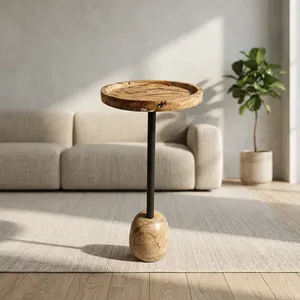 Modern <b>Round</b> Wooden Top <b>Side</b> <b>Table</b> with Marble Base and <b>Black</b> Metal Pedestal Contemporary Accent Furniture for Living Room Decor - Product Image 2