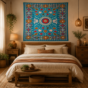 Couvre-lit en coton brodé Suzani fait main, turquoise, multicolore, floral, style bohème, couvre-lit traditionnel indien, décoration ethnique pour la maison - Product Image 3