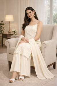 ชุดคุर्ตา ชาราร่า และผ้าคลุมไหล่ปักลายฟ็อกซ์ จอร์เจต์ ระบายอากาศได้ดี เหมาะสำหรับใส่ทำงานและงานเลี้ยง - Product Image 3