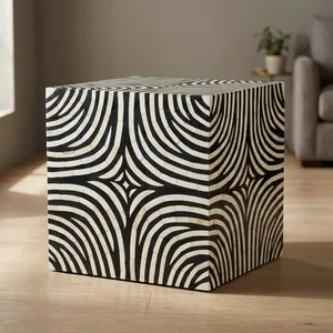 Mesa Auxiliar de Madera Hecha a Mano con Incrustaciones de Hueso, Patrón Concéntrico Blanco y Negro, Mueble Decorativo para Sala de Estar - Product Image 2