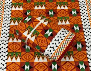 Tela Africana Bordada, Jacquard, de Algodón, con Patrón Geométrico Naranja y Verde, para Vestidos - Product Image 1