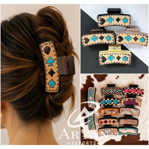 OEM & ODM Western Playing Card Tooled Leather Hair Claw <b>Clip</b> for Women's Turquoise Poker Design Boutique Fashion Hair Accessory - Product Image 1