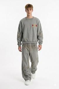 Survêtement gris pour homme, col rond, manches longues, couleur unie, vêtement décontracté avec logo brodé sur le devant, coupe ample, style automne, 100% coton - Product Image 2