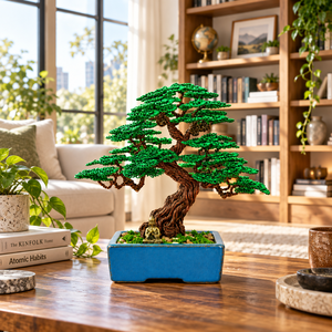 Arbre bonsaï en fil métallique fait main, pot décoratif rectangulaire bleu avec figurine de Bouddha, feuilles vertes artificielles - Product Image 4