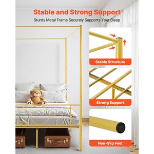 Robusto Letto a Baldacchino in Metallo a Grandezza Naturale con Design Minimalista a Quattro Pali e Supporto con Doghe in Acciaio Resistente - Product Image 3