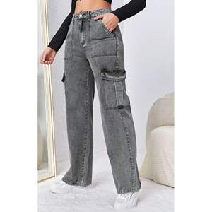 Jean cargo gris taille haute Y2K pour femme en denim extensible avec multiples poches, coupe droite, style streetwear décontracté - Product Image 2
