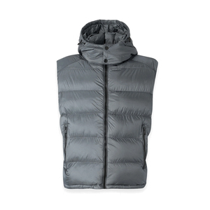 Gilet matelassé léger pour homme avec capuche, rembourré de duvet, coupe-vent, gris uni, sans manches, avec poche zippée - Product Image 1