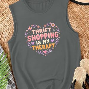 Débardeur décontracté pour femme avec imprimé cœur « Le shopping de seconde main est ma thérapie », gilet sans manches en tricot de polyester et élasthanne, col rond D - Product Image 4