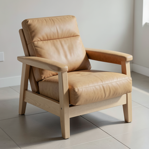 Sillón Moderno de Madera Maciza Tapizado en Cuero Vacuno Genuino, Silla de Cuero Auténtico para Sala de Estar - Product Image 1