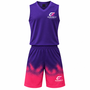 Ensemble de maillot de basketball Gurunaz Industry respirant, dégradé rose, sublimé, sans manches, col en V, tenue de sport pour adultes - Product Image 1