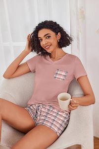 Conjunto de pijamas de 2 piezas para mujer, camiseta de manga corta con cuello en V, pantalones cortos a cuadros, ropa de dormir de algodón suave, ropa informal de verano - Product Image 4