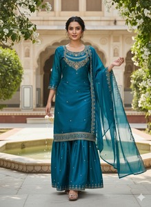 Ensemble Sharara Dupatta pour femme, tissu Fendy, broderie lourde, entièrement cousu, ensemble de vêtements ethniques, tenue de mariage traditionnelle - Product Image 6