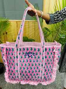 Indian hand block cotton quilted frill tote bag personalized Embroidery bride <b>name</b> gift tote bag boho stylish pool carry on bag - Product Image 2