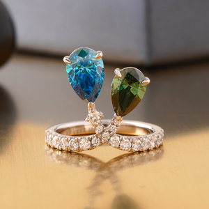 Vivid Blue Green Pear Cut Lab Grown Diamond <b>Ring</b> 14K <b>Gold</b> Rare Color Statement Stylish Fashion <b>Rings</b> - Product Image 1